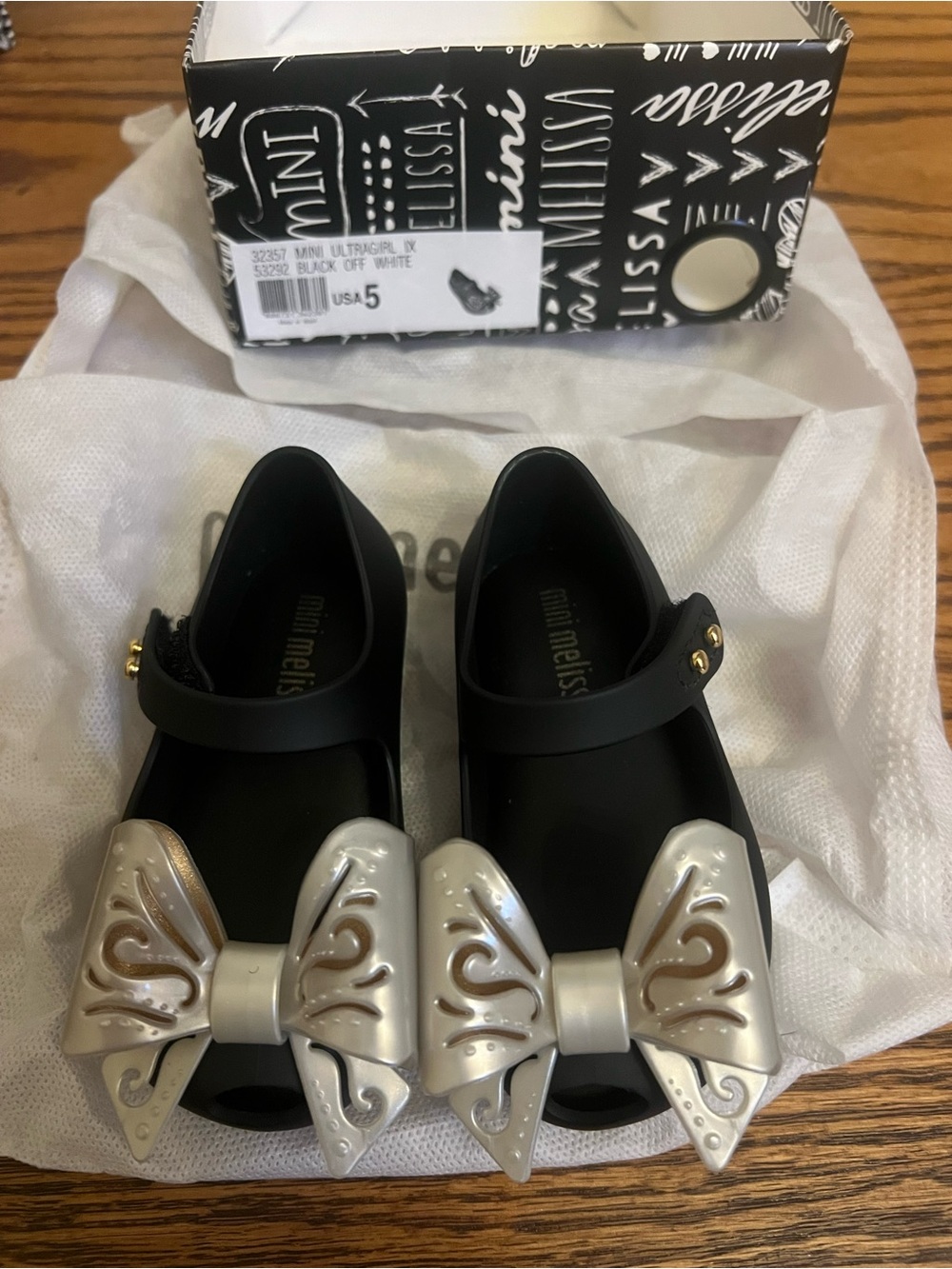 Melissa Girls Black Mary Jane Shoes with Silver Decorative Bows